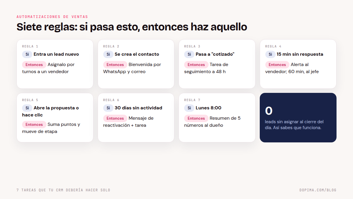 Siete tarjetas con reglas de automatización de ventas en formato si pasa esto, entonces haz aquello: asignar lead nuevo, bienvenida, tarea al cotizar, alerta sin respuesta, sumar puntos y mover etapa, reactivar a 30 días y resumen semanal al dueño.